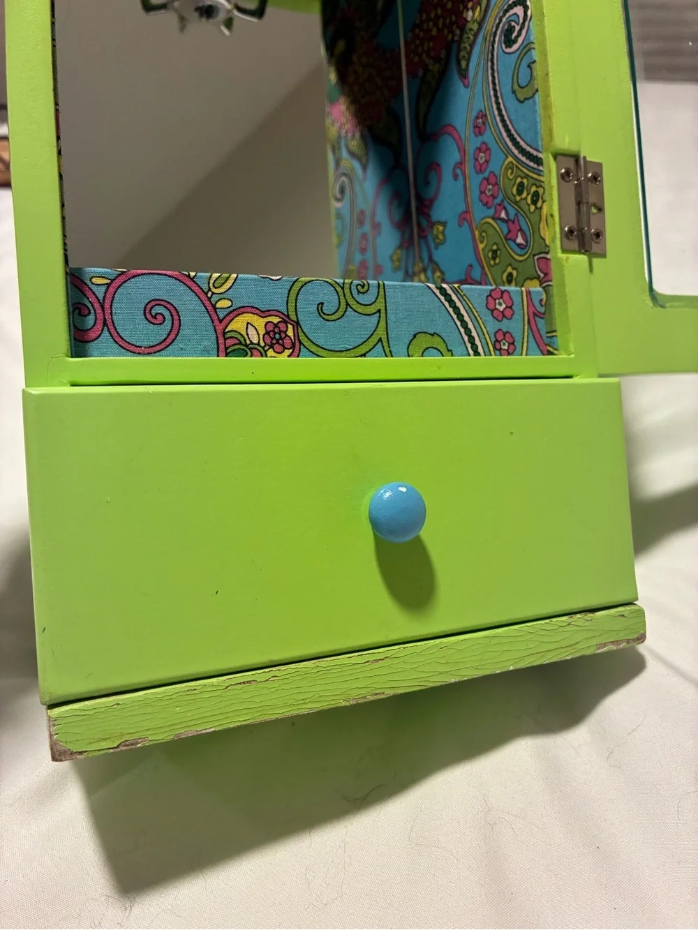 Retro Lime Green Jewelry Armoire with Drawer and Mirror